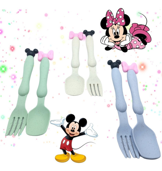 Cubiertos portátiles para Lunch, cubiertos escolares con estuche, bonitos cubiertos  para lonchera, cubiertos reutilizables, cubiertos de paja de Trigo, cuchara  y tenedor de Minnie y Mickey Mouse. (Azul) : : Hogar y