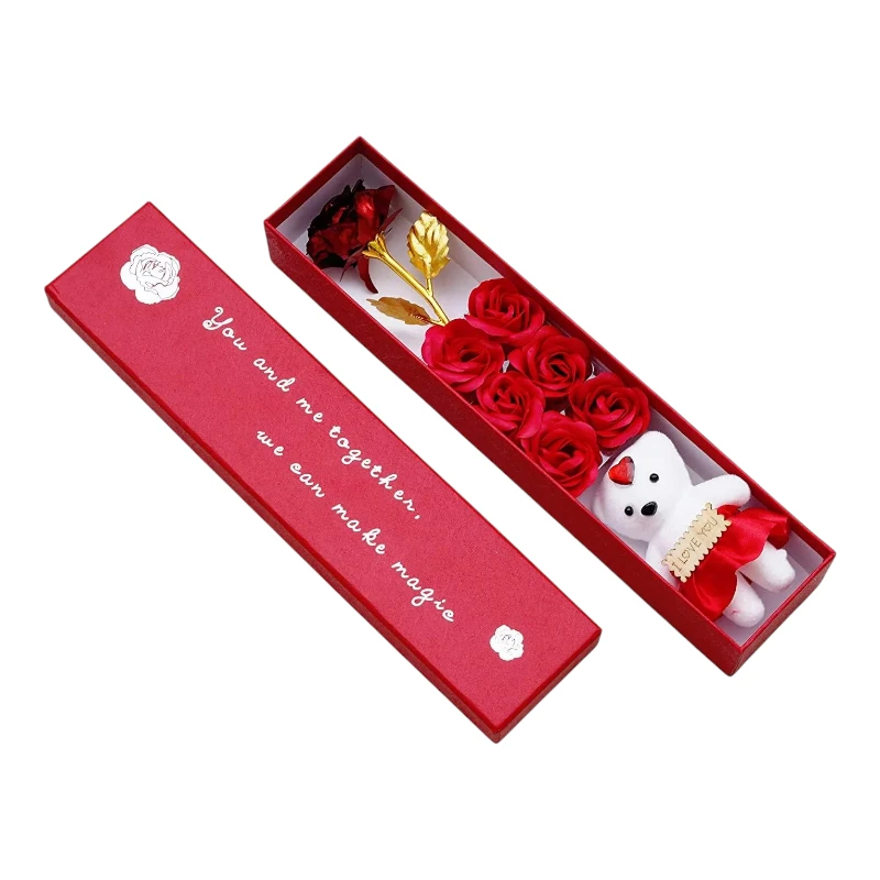Imagen de CAJA REGALO LARGA ROSA + FLORES + OSITO 33x7cm