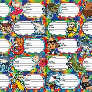 PAQ. 10 PLANILLA ETIQUETA ESCOLAR PERSONAJES