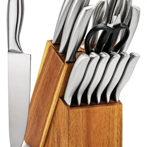 Juego 15 Pza Cuchillos Cocina Premium Acero Inox Base Madera